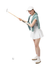Woman with golf club and ball on white background