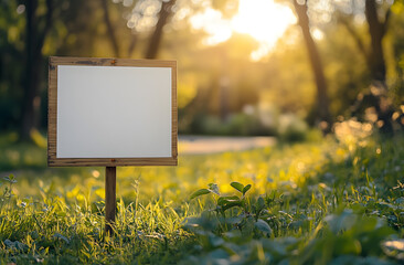Fototapeta na wymiar Blank yard sign on green grass sunny day. White empty sign for marketing message. Blank yard sign mockup near park walking path. Advertisement, promotion outdoor.