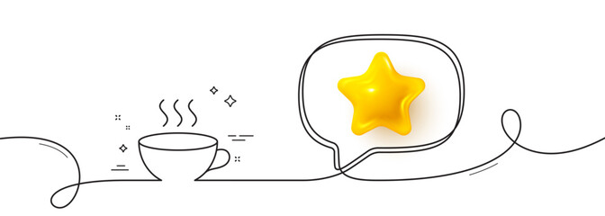 Coffee cup line icon. Continuous line with 3d star. Hot cappuccino sign. Tea drink mug symbol. 3d star in speech bubble. Coffee cup single line ribbon. Loop curve pattern. Vector