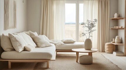 Fototapeta premium 100.A Scandinavian-inspired living room designed with minimalism in mind, featuring a white sofa, light wooden coffee table, and soft, flowing curtains in a beige color. The room is spacious and