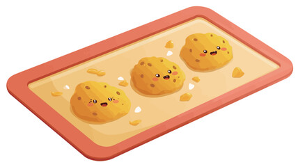 Isometric illustration of three cartoon-like, golden-yellow baked goods arranged on a rectangular, orange-rimmed baking sheet. The goods have small, dark features suggesting eyes and a mouth,