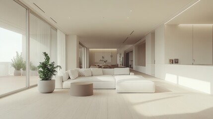 108.A sleek and sophisticated modern living room with a white sofa placed centrally on a pale wooden floor. The space has an open and airy feel, with minimalist dÃ©cor elements such as a subtle side