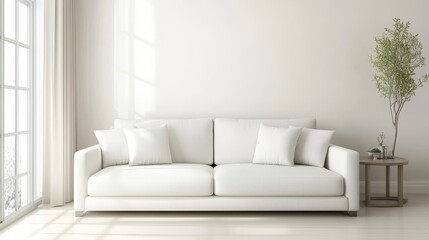 109.A serene modern interior with a white minimalist sofa as the focal point, creating a clean and fresh atmosphere. The walls are pristine white, and the room is designed with simple, contemporary
