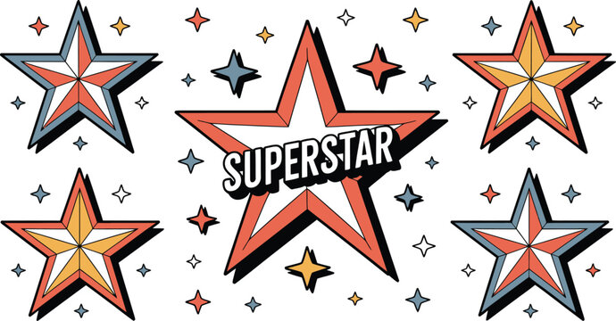 Retro superstar design featuring colorful stars and a central superstar text graphic illustration