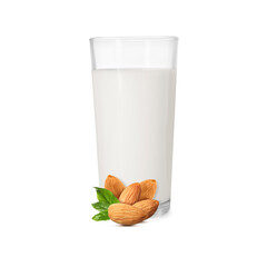 Nut milk in glass and almonds isolated on white
