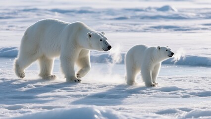 Two polar bears walking across a snowy Arctic landscape