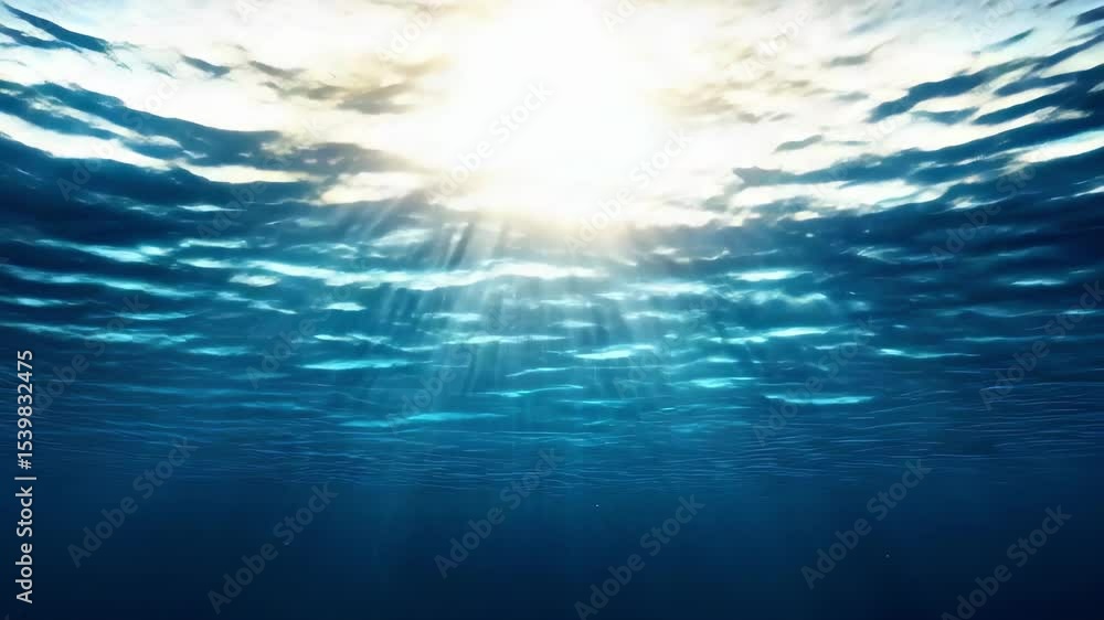 Poster a serene underwater scene with sunlight filtering through the ocean surface, creating shimmering ref