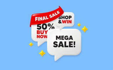 Mega sale speech bubbles. Final sale flag ribbon. Mega Sale tag. Special offer price sign. Advertising Discounts symbol. Discount chat bubbles with 3d sparkles. Vector