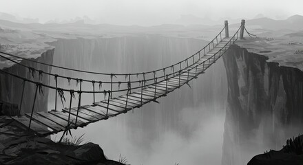 Suspended wooden bridge over a misty chasm monochrome fantasy landscape.