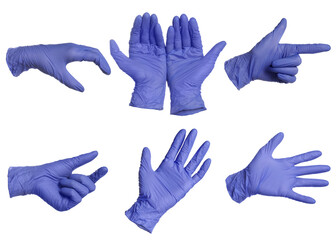 Blue nitrile medical gloves isolated on white, collage of gestures