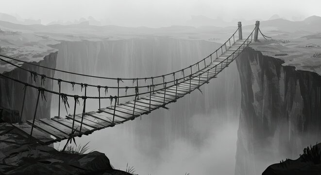 Fototapeta Suspended wooden bridge over a misty chasm monochrome fantasy landscape.
