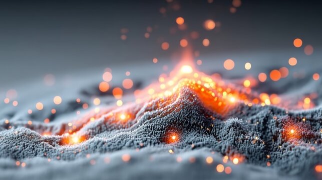 Mountain covered in a glowing, orange substance. The mountain is covered in a grey, fuzzy material that looks like it's made of tiny particles
