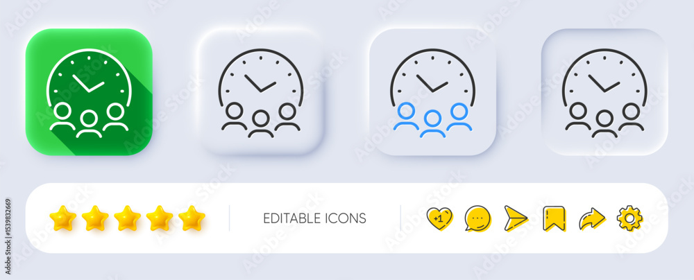 Poster meeting time line icon. neumorphic, flat shadow, 3d buttons. business teamwork sign. working hours s