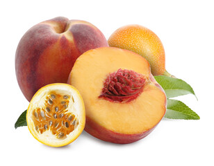 Tasty ripe passion and peach fruits on white background