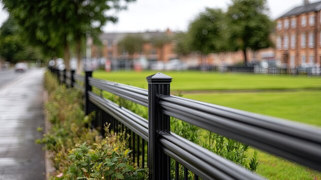 Fototapeta Black metal fence with ornate details lines a green lawn at an industrial park, captured in a side view during springtime