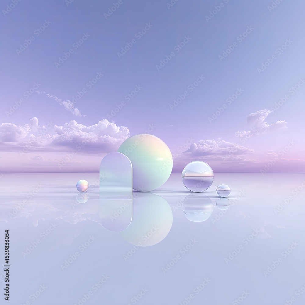 Poster pastel 3d spheres on gradient surface with reflection