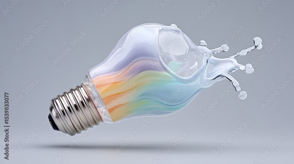 Poster light bulb with a rainbow inside of it is being splashed with water. the light bulb is floating in t