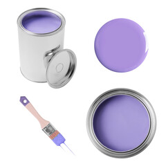 Lilac color paint. Collage with cans, drop and brush on white background