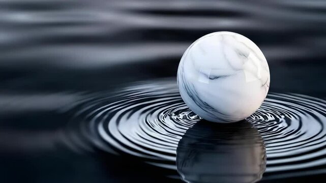A marble ball resting on water, creating ripples in the surface as it reflects the surrounding environment.