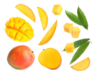 Tasty fresh mango fruits and green leaves on white background, collage