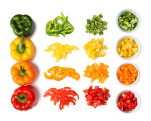 Whole and sliced fresh bell peppers isolated on white, collage. Top view