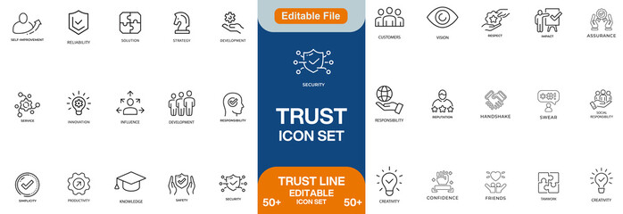 Trust line editable icon set. Containing trustworthy, confidence, credibility, promise, friends, truth, faith, honesty, core values, and more. Vector illustration