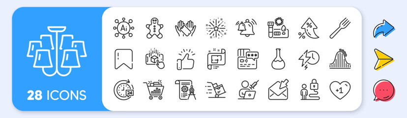 24h delivery, Roller coaster and Lock line icons. Interest rate, AI generate, Inflation icons. Pack of Charging time, Open mail, Chandelier icon. Vector