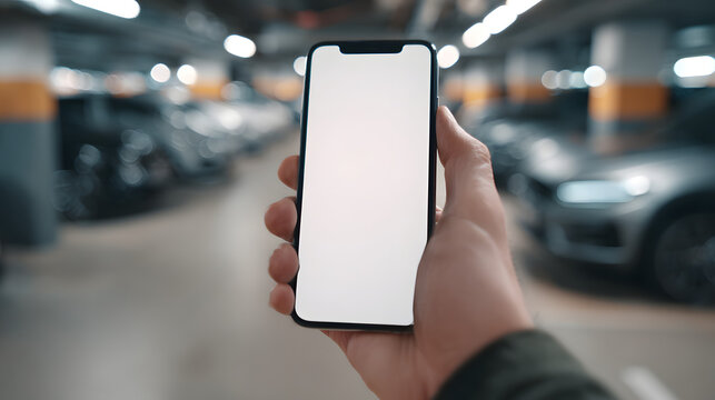 Close-up of a hand holding a smartphone with blank white screen in an underground parking lot with blurred cars in background.