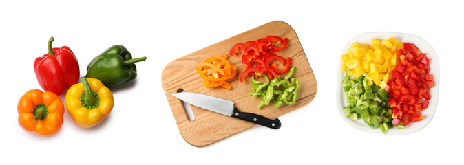 Collage with fresh bell peppers isolated on white, top view. Whole and sliced