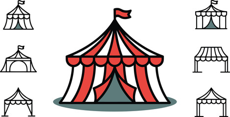 Fototapeta premium Illustration featuring a central red and white striped circus tent surrounded by tent icons on gray