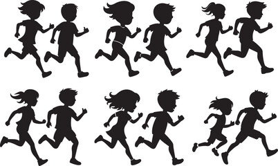 set of running kids silhouette, black and white silhouette, vector and illustration