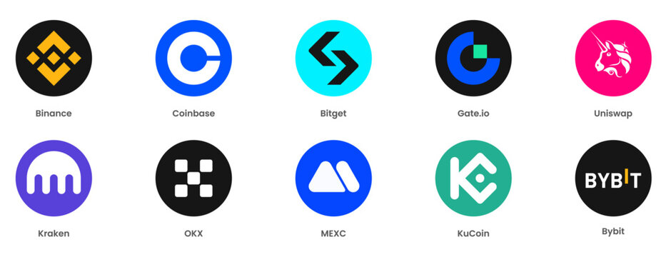 Vector Logos of Cryptocurrency Exchanges Including Binance, Coinbase, Bybit, KuCoin, OKX, Bitget, Gateio, MEXC, Kraken, and Uniswap with Transparent Background for Blockchain and Crypto Design