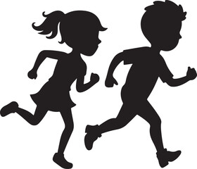 running kids silhouette, black and white silhouette, vector and illustration