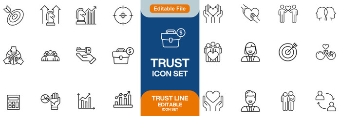 Trust line editable icon set. Containing trustworthy, confidence, credibility, promise, friends, truth, faith, honesty, core values, and more. Vector illustration