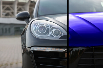 Modern black auto before and blue after painting outdoors, closeup. Comparative collage of car...