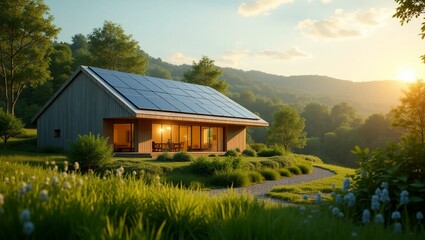 Solar powered house in green countryside