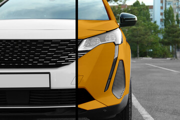 Modern white auto before and orange after painting outdoors, closeup. Comparative collage of car...