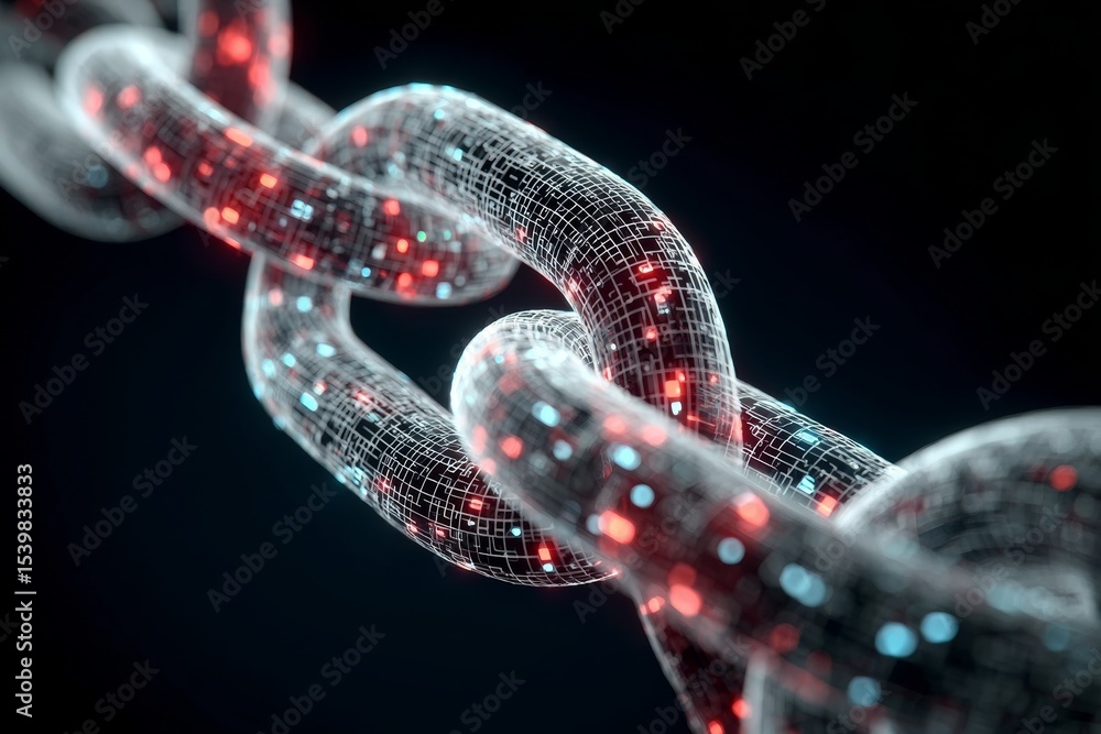 Poster futuristic digital network with block chain technology and glowing data cables for secure connection