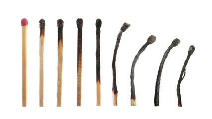 Matches on white background, collage with stages from whole to completely burnt