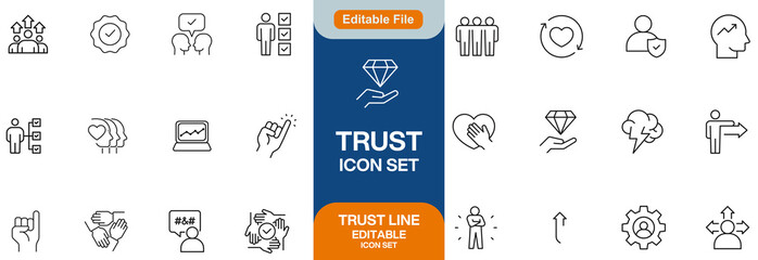 Trust line editable icon set. Containing trustworthy, confidence, credibility, promise, friends, truth, faith, honesty, and more. Vector illustration
