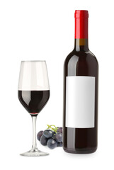 Luxurious red wine in bottle with blank label, glass and grapes isolated on white