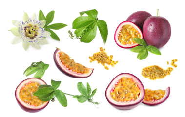 Passion fruits, flower and green leaves isolated on white, set