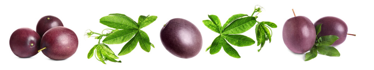 Passion fruits and green leaves isolated on white, set