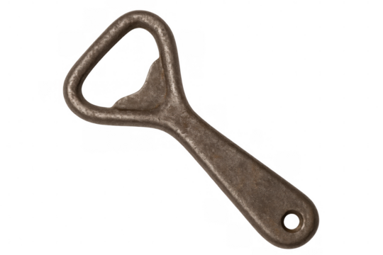Rustic metal bottle opener resting against clear surface, capable of swiftly uncapping beer, soda, and other refreshing drinks