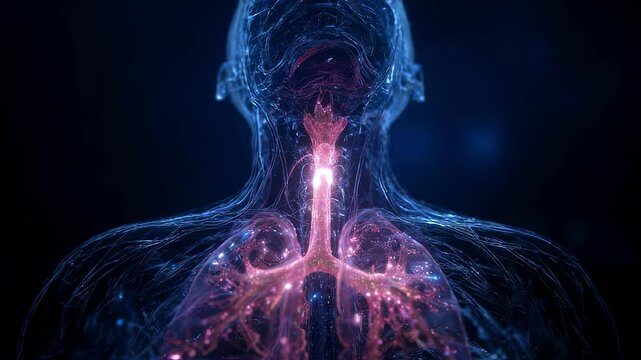 Glowing particles flow through the trachea and bronchi into the lungs, illuminating the respiratory system during chanting, highlighting the connection between breath, sound, and the human body
