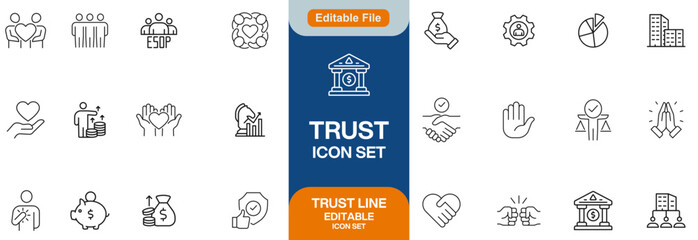 Trust line editable icon set. Containing trustworthy, confidence, credibility, promise, friends, truth, faith, honesty, and more. Vector illustration