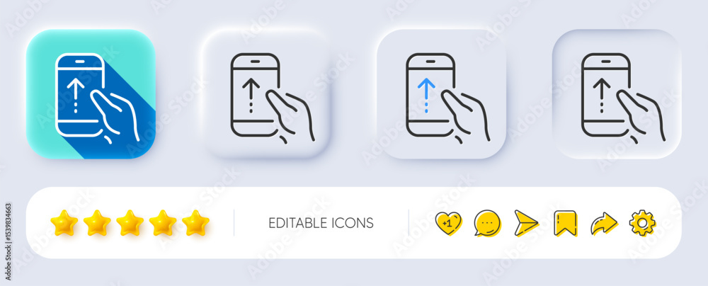 Poster swipe up phone line icon. neumorphic, flat shadow, 3d buttons. scrolling arrow sign. landing page sc