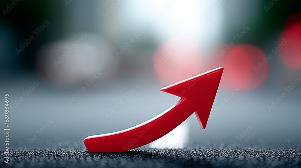 Poster red arrow pointing upwards on a black surface. the arrow is placed on the ground, and it is leaning 