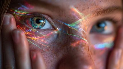 Close-up of a human eye illuminated by vibrant, multicolored digital light trails symbolizing data, technology, and vision.