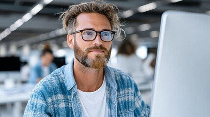Man with glasses is sitting in front of a computer monitor. He is wearing a blue shirt and a white t-shirt